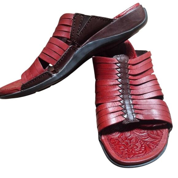 Ariat Costa Chili Sandals Women’s 8.5 Burnt Red Tooled Leather Slip-On Western - Picture 1 of 7